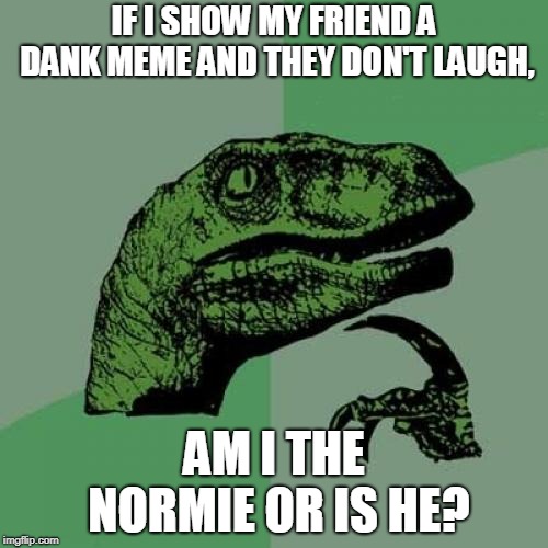 Philosoraptor | IF I SHOW MY FRIEND A DANK MEME AND THEY DON'T LAUGH, AM I THE NORMIE OR IS HE? | image tagged in memes,philosoraptor | made w/ Imgflip meme maker