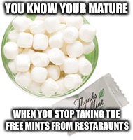 True Maturity | YOU KNOW YOUR MATURE; WHEN YOU STOP TAKING THE FREE MINTS FROM RESTARAUNTS | image tagged in maturity,thin mints | made w/ Imgflip meme maker