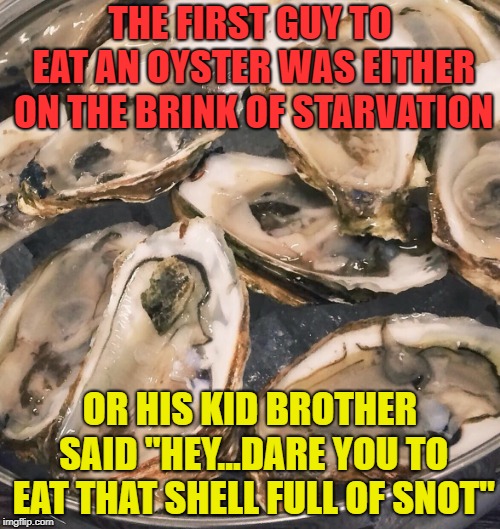 And the rest is history | THE FIRST GUY TO EAT AN OYSTER WAS EITHER ON THE BRINK OF STARVATION; OR HIS KID BROTHER SAID "HEY...DARE YOU TO EAT THAT SHELL FULL OF SNOT" | image tagged in oysters,brothers,i dare you | made w/ Imgflip meme maker