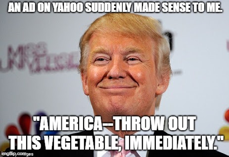 Donald trump approves | AN AD ON YAHOO SUDDENLY MADE SENSE TO ME. "AMERICA--THROW OUT THIS VEGETABLE, IMMEDIATELY." | image tagged in donald trump approves | made w/ Imgflip meme maker