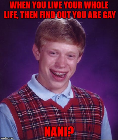 Bad Luck Brian Meme | WHEN YOU LIVE YOUR WHOLE LIFE, THEN FIND OUT YOU ARE GAY; NANI? | image tagged in memes,bad luck brian | made w/ Imgflip meme maker