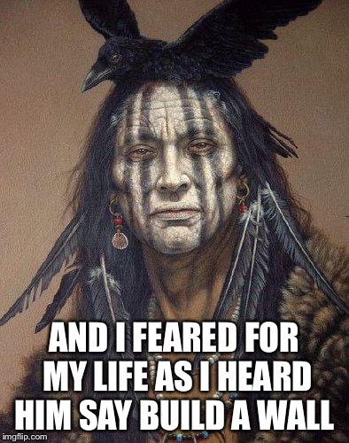 Native American | AND I FEARED FOR MY LIFE AS I HEARD HIM SAY BUILD A WALL | image tagged in native american | made w/ Imgflip meme maker