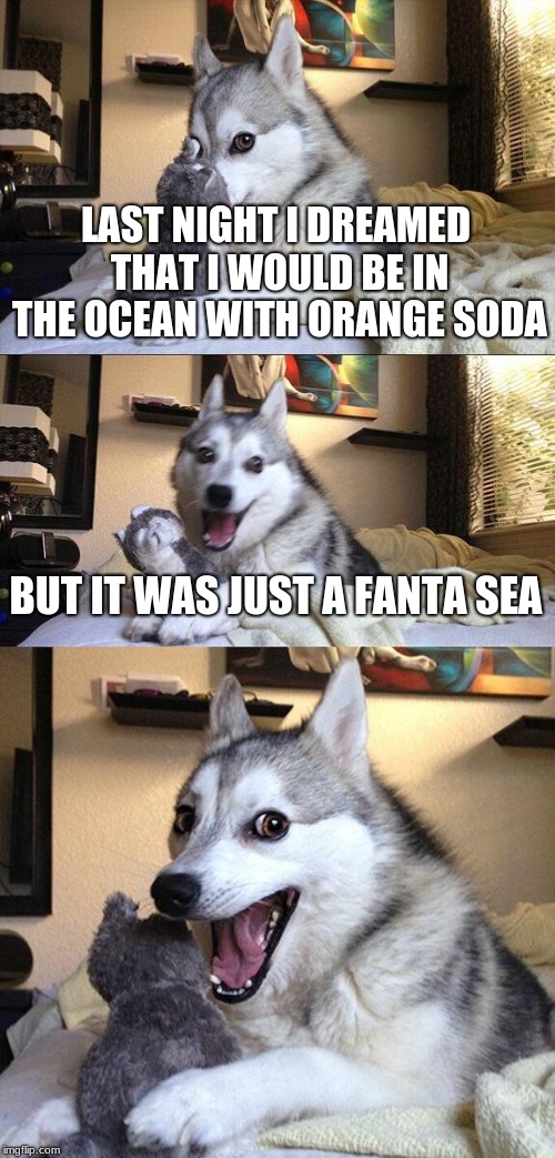 Bad Pun Dog Meme | LAST NIGHT I DREAMED THAT I WOULD BE IN THE OCEAN WITH ORANGE SODA; BUT IT WAS JUST A FANTA SEA | image tagged in memes,bad pun dog | made w/ Imgflip meme maker