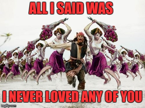 Jack Sparrow Beaten With Roses | ALL I SAID WAS; I NEVER LOVED ANY OF YOU | image tagged in jack sparrow beaten with roses,beaten with roses,memes,funny,44colt,relationships | made w/ Imgflip meme maker