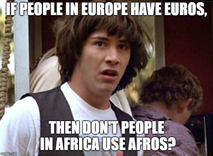 Bill and Ted whoa | IF PEOPLE IN EUROPE HAVE EUROS, THEN DON'T PEOPLE IN AFRICA USE AFROS? | image tagged in bill and ted whoa | made w/ Imgflip meme maker