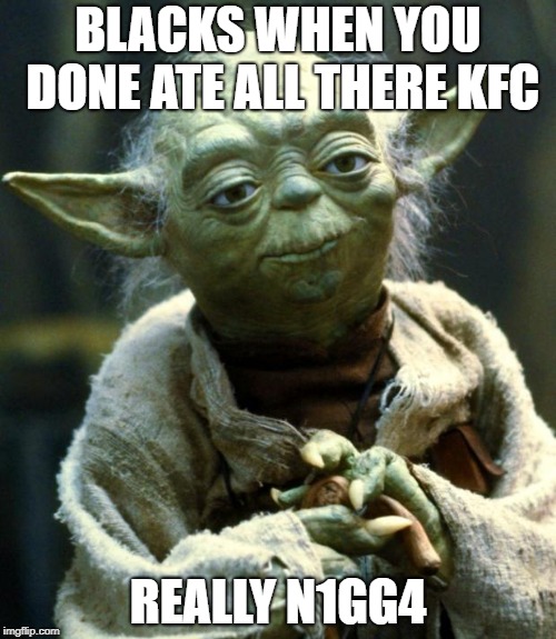 Star Wars Yoda | BLACKS WHEN YOU DONE ATE ALL THERE KFC; REALLY N1GG4 | image tagged in memes,star wars yoda | made w/ Imgflip meme maker