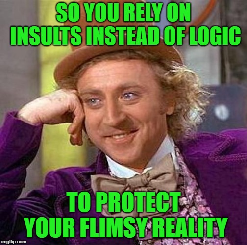 Creepy Condescending Wonka Meme | SO YOU RELY ON INSULTS INSTEAD OF LOGIC TO PROTECT YOUR FLIMSY REALITY | image tagged in memes,creepy condescending wonka | made w/ Imgflip meme maker