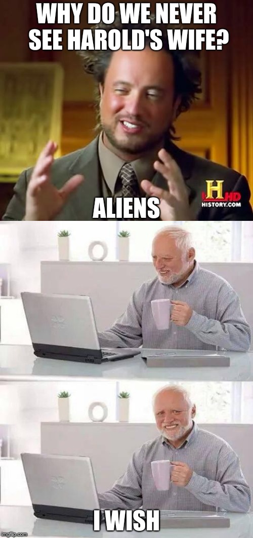 Hide the Wife Giorigio | WHY DO WE NEVER SEE HAROLD'S WIFE? ALIENS; I WISH | image tagged in memes,ancient aliens,hide the pain harold,funny memes,aliens | made w/ Imgflip meme maker