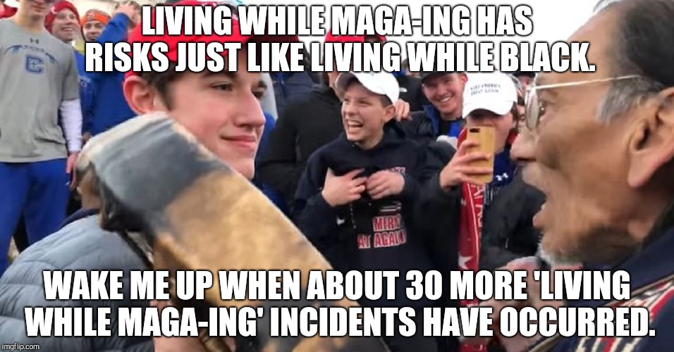 covington | LIVING WHILE MAGA-ING HAS RISKS JUST LIKE LIVING WHILE BLACK. WAKE ME UP WHEN ABOUT 30 MORE 'LIVING WHILE MAGA-ING' INCIDENTS HAVE OCCURRED. | image tagged in covington | made w/ Imgflip meme maker