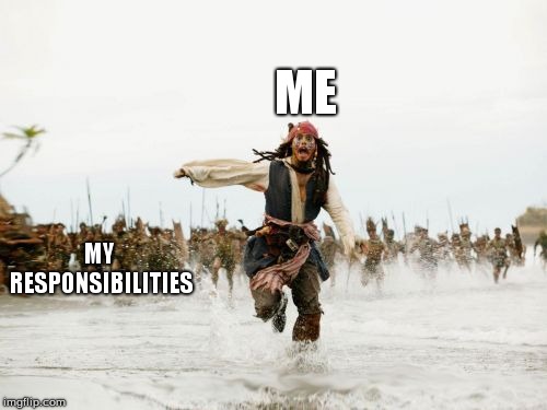 Jack Sparrow Being Chased | ME; MY RESPONSIBILITIES | image tagged in memes,jack sparrow being chased | made w/ Imgflip meme maker