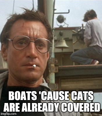 Bigger boat | BOATS 'CAUSE CATS ARE ALREADY COVERED | image tagged in bigger boat | made w/ Imgflip meme maker