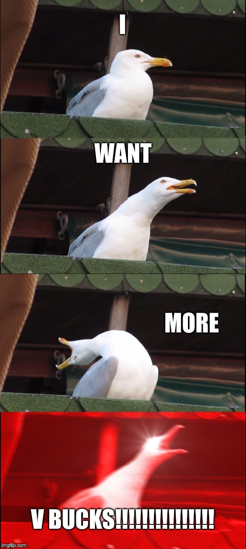 Inhaling Seagull | I; WANT; MORE; V BUCKS!!!!!!!!!!!!!!! | image tagged in memes,inhaling seagull | made w/ Imgflip meme maker