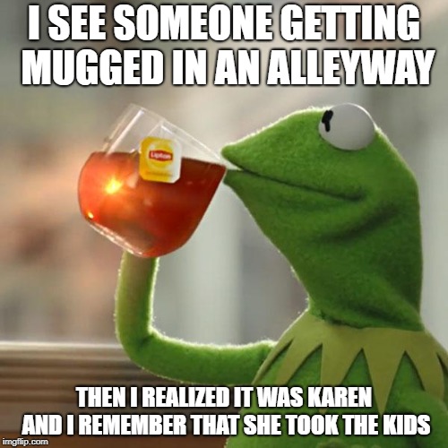 But That's None Of My Business |  I SEE SOMEONE GETTING MUGGED IN AN ALLEYWAY; THEN I REALIZED IT WAS KAREN AND I REMEMBER THAT SHE TOOK THE KIDS | image tagged in memes,but thats none of my business,kermit the frog | made w/ Imgflip meme maker