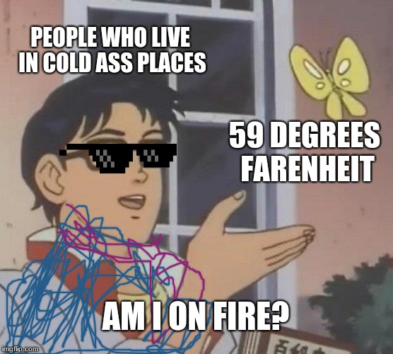 Is This A Pigeon Meme | PEOPLE WHO LIVE IN COLD ASS PLACES; 59 DEGREES FARENHEIT; AM I ON FIRE? | image tagged in memes,is this a pigeon | made w/ Imgflip meme maker