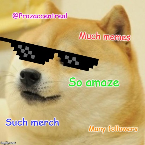 Doge Meme | @Prozaccentreal; Much memes; So amaze; Such merch; Many followers | image tagged in memes,doge | made w/ Imgflip meme maker