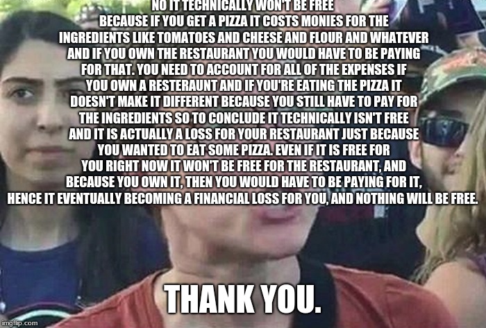 Triggered Liberal | NO IT TECHNICALLY WON'T BE FREE BECAUSE IF YOU GET A PIZZA IT COSTS MONIES FOR THE INGREDIENTS LIKE TOMATOES AND CHEESE AND FLOUR AND WHATEV | image tagged in triggered liberal | made w/ Imgflip meme maker