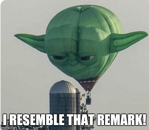 Hot Air Balloon Yoda | I RESEMBLE THAT REMARK! | image tagged in hot air balloon yoda | made w/ Imgflip meme maker