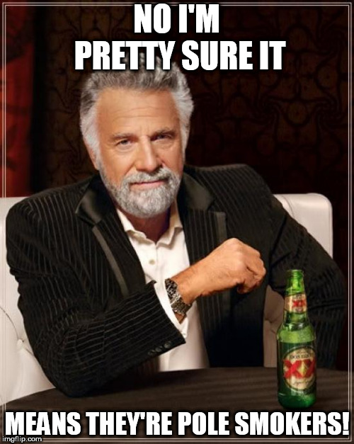 The Most Interesting Man In The World Meme | NO I'M PRETTY SURE IT MEANS THEY'RE POLE SMOKERS! | image tagged in memes,the most interesting man in the world | made w/ Imgflip meme maker