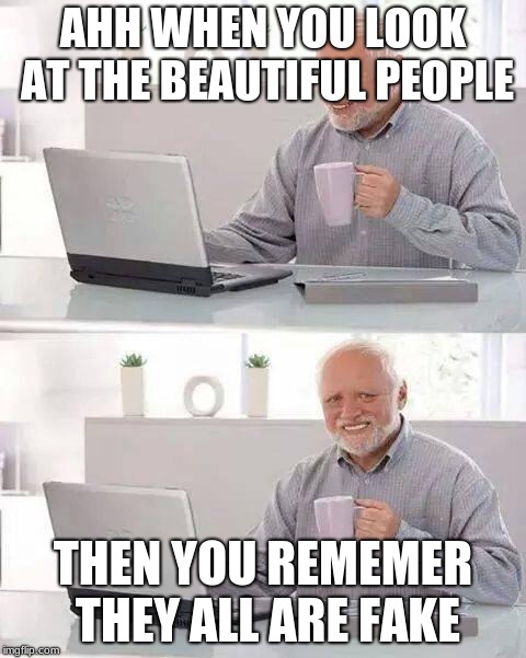 Hide the Pain Harold Meme | AHH WHEN YOU LOOK AT THE BEAUTIFUL PEOPLE; THEN YOU REMEMER THEY ALL ARE FAKE | image tagged in memes,hide the pain harold | made w/ Imgflip meme maker