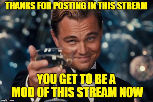 Leonardo Dicaprio Cheers Meme | THANKS FOR POSTING IN THIS STREAM YOU GET TO BE A MOD OF THIS STREAM NOW | image tagged in memes,leonardo dicaprio cheers | made w/ Imgflip meme maker