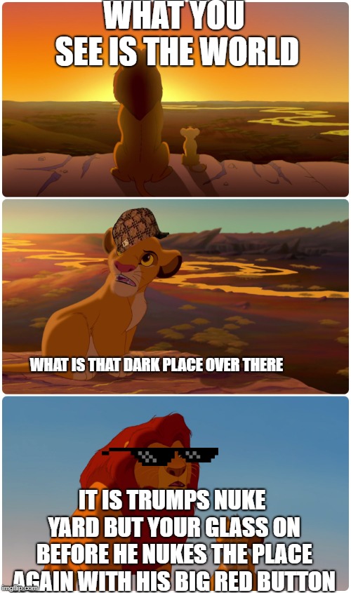 Lion King Meme | WHAT YOU SEE IS THE WORLD; WHAT IS THAT DARK PLACE OVER THERE; IT IS TRUMPS NUKE YARD BUT YOUR GLASS ON BEFORE HE NUKES THE PLACE AGAIN WITH HIS BIG RED BUTTON | image tagged in lion king meme | made w/ Imgflip meme maker