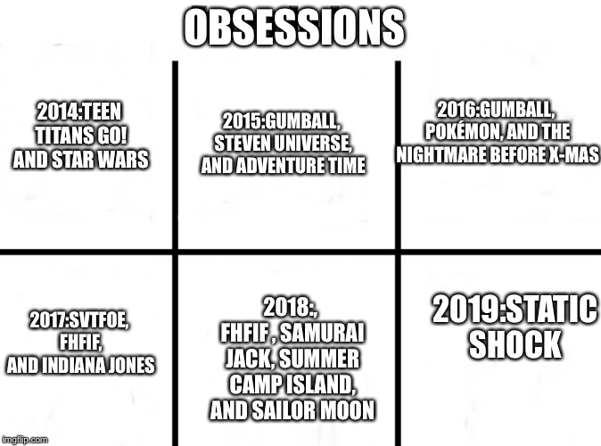 My obsessions 2014-2019 The older I get, the more old-school my obsessions get | OBSESSIONS; 2015:GUMBALL, STEVEN UNIVERSE, AND ADVENTURE TIME; 2016:GUMBALL, POKÉMON, AND THE NIGHTMARE BEFORE X-MAS; 2014:TEEN TITANS GO! AND STAR WARS; 2019:STATIC SHOCK; 2018:, FHFIF , SAMURAI JACK, SUMMER CAMP ISLAND, AND SAILOR MOON; 2017:SVTFOE, FHFIF, AND INDIANA JONES | image tagged in blank starter pack extended | made w/ Imgflip meme maker