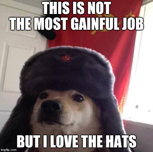 Russian Doge | THIS IS NOT THE MOST GAINFUL JOB; BUT I LOVE THE HATS | image tagged in russian doge | made w/ Imgflip meme maker