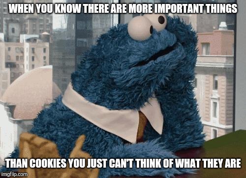 Cookie Monster thinking | WHEN YOU KNOW THERE ARE MORE IMPORTANT THINGS; THAN COOKIES YOU JUST CAN'T THINK OF WHAT THEY ARE | image tagged in cookie monster thinking | made w/ Imgflip meme maker