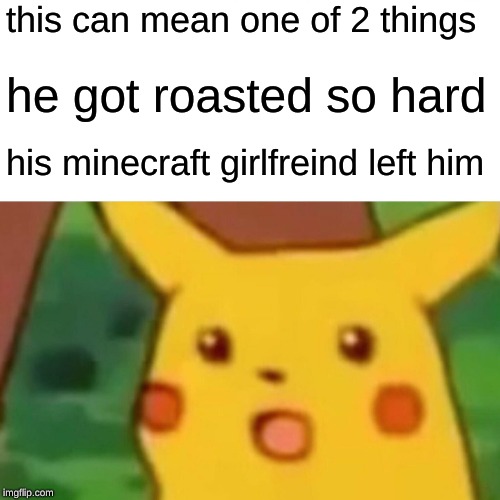 Surprised Pikachu Meme | this can mean one of 2 things; he got roasted so hard; his minecraft girlfreind left him | image tagged in memes,surprised pikachu | made w/ Imgflip meme maker