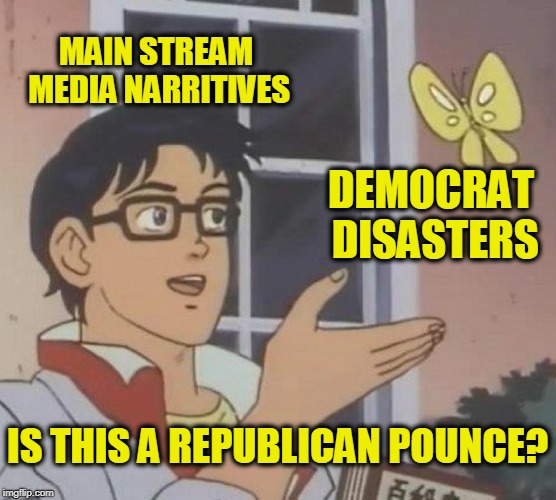 Is This A Pigeon Meme | MAIN STREAM MEDIA NARRITIVES; DEMOCRAT DISASTERS; IS THIS A REPUBLICAN POUNCE? | image tagged in memes,is this a pigeon | made w/ Imgflip meme maker