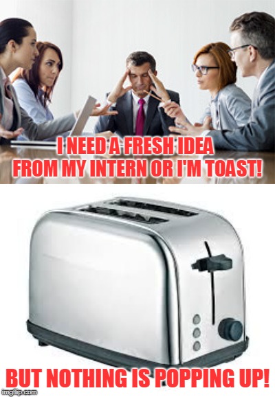 Inspired by NameHere | I NEED A FRESH IDEA FROM MY INTERN OR I'M TOAST! BUT NOTHING IS POPPING UP! | image tagged in toaster,boardroom meeting suggestion,new meme | made w/ Imgflip meme maker