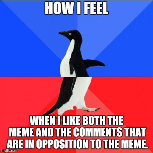 Socially Awkward Awesome Penguin Meme | HOW I FEEL WHEN I LIKE BOTH THE MEME AND THE COMMENTS THAT ARE IN OPPOSITION TO THE MEME. | image tagged in memes,socially awkward awesome penguin | made w/ Imgflip meme maker