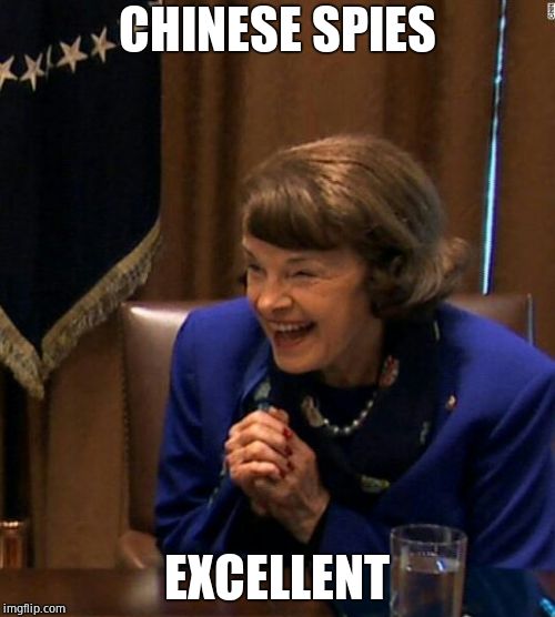 Dianne Feinstein Shlomo hand rubbing | CHINESE SPIES EXCELLENT | image tagged in dianne feinstein shlomo hand rubbing | made w/ Imgflip meme maker