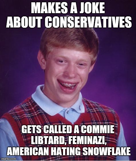 Bad Luck Brian Meme | MAKES A JOKE ABOUT CONSERVATIVES GETS CALLED A COMMIE LIBTARD, FEMINAZI, AMERICAN HATING SNOWFLAKE | image tagged in memes,bad luck brian | made w/ Imgflip meme maker