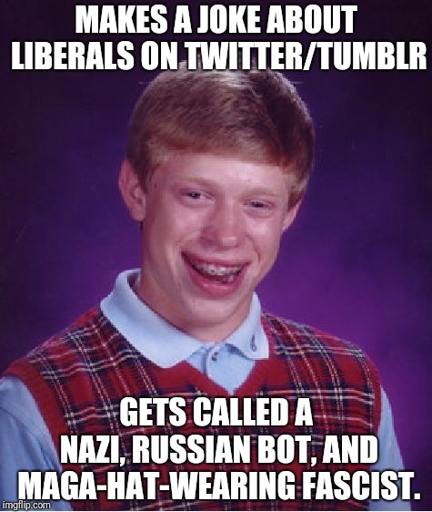 Man, you can't make fun of ANYTHING these days! | MAKES A JOKE ABOUT LIBERALS ON TWITTER/TUMBLR; GETS CALLED A NAZI, RUSSIAN BOT, AND MAGA-HAT-WEARING FASCIST. | image tagged in memes,bad luck brian,liberals,twitter,tumblr | made w/ Imgflip meme maker