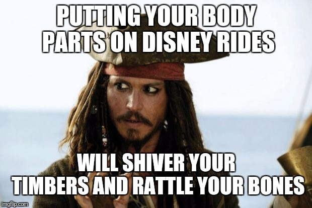 Jack Sparrow Pirate | PUTTING YOUR BODY PARTS ON DISNEY RIDES WILL SHIVER YOUR TIMBERS AND RATTLE YOUR BONES | image tagged in jack sparrow pirate | made w/ Imgflip meme maker