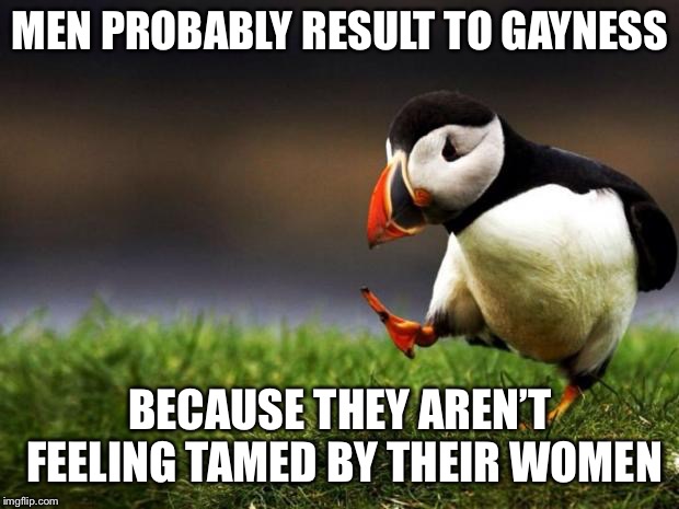 Unpopular Opinion Puffin Meme | MEN PROBABLY RESULT TO GAYNESS; BECAUSE THEY AREN’T FEELING TAMED BY THEIR WOMEN | image tagged in memes,unpopular opinion puffin | made w/ Imgflip meme maker