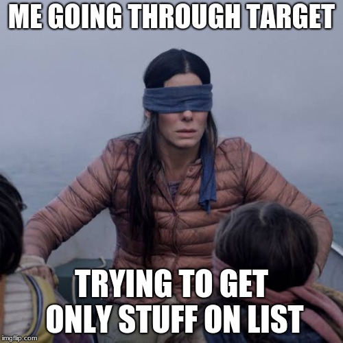 Bird Box Meme | ME GOING THROUGH TARGET; TRYING TO GET ONLY STUFF ON LIST | image tagged in birdbox | made w/ Imgflip meme maker