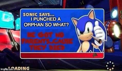 Sonic Says | I PUNCHED A ORPHAN SO WHAT? HE GOT NO PARENTS..CAUSE THEY DIED | image tagged in sonic says | made w/ Imgflip meme maker