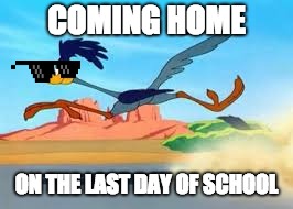 road runner | COMING HOME; ON THE LAST DAY OF SCHOOL | image tagged in road runner | made w/ Imgflip meme maker