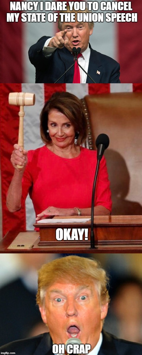 NANCY I DARE YOU TO CANCEL MY STATE OF THE UNION SPEECH; OKAY! OH CRAP | image tagged in donald trump birthday,nancy pelosi,democrats,republicans,donald trump,memes | made w/ Imgflip meme maker