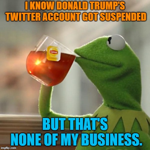 But That's None Of My Business | I KNOW DONALD TRUMP'S TWITTER ACCOUNT GOT SUSPENDED; BUT THAT'S NONE OF MY BUSINESS. | image tagged in memes,but thats none of my business,kermit the frog | made w/ Imgflip meme maker