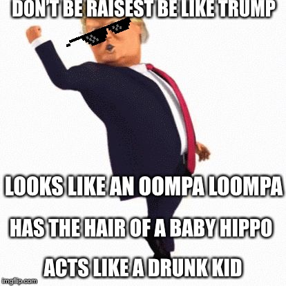 DON’T BE RAISEST BE LIKE TRUMP; LOOKS LIKE AN OOMPA LOOMPA; HAS THE HAIR OF A BABY HIPPO; ACTS LIKE A DRUNK KID | image tagged in trump | made w/ Imgflip meme maker