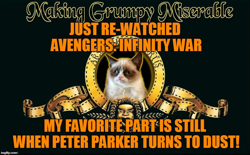Oh Snap | JUST RE-WATCHED AVENGERS: INFINITY WAR; MY FAVORITE PART IS STILL WHEN PETER PARKER TURNS TO DUST! | image tagged in mgm grumpy,memes,grumpy cat,spider-man,avengers infinity war,peter parker | made w/ Imgflip meme maker