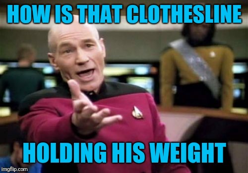 Picard Wtf Meme | HOW IS THAT CLOTHESLINE HOLDING HIS WEIGHT | image tagged in memes,picard wtf | made w/ Imgflip meme maker