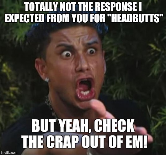 DJ Pauly D Meme | TOTALLY NOT THE RESPONSE I EXPECTED FROM YOU FOR "HEADBUTTS" BUT YEAH, CHECK THE CRAP OUT OF EM! | image tagged in memes,dj pauly d | made w/ Imgflip meme maker