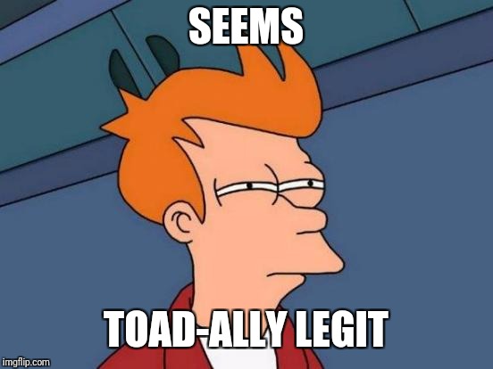 Futurama Fry Meme | SEEMS TOAD-ALLY LEGIT | image tagged in memes,futurama fry | made w/ Imgflip meme maker