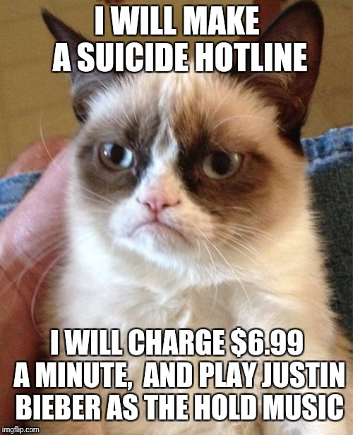 Grumpy Cat Meme | I WILL MAKE A SUICIDE HOTLINE I WILL CHARGE $6.99 A MINUTE,  AND PLAY JUSTIN BIEBER AS THE HOLD MUSIC | image tagged in memes,grumpy cat | made w/ Imgflip meme maker