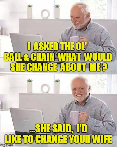 Hide the Pain Harold | I  ASKED THE OL' BALL & CHAIN  WHAT  WOULD  SHE CHANGE  ABOUT  ME ? ...SHE SAID,  I'D LIKE TO CHANGE YOUR WIFE | image tagged in memes,hide the pain harold | made w/ Imgflip meme maker