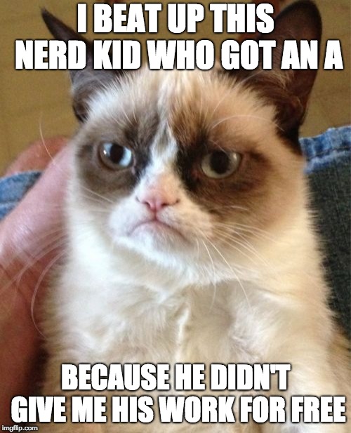 NERDS!!! | I BEAT UP THIS NERD KID WHO GOT AN A; BECAUSE HE DIDN'T GIVE ME HIS WORK FOR FREE | image tagged in memes,grumpy cat,nerd,nerdy,worst meme,wtf | made w/ Imgflip meme maker